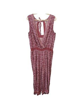 Loft Pink & White Sleeveless Patterned Jumpsuit Smocked Waist Deep V-neck